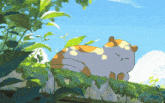 a cartoon cat is laying on a ledge surrounded by plants