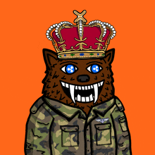 a cartoon drawing of a wolf wearing a crown and a camouflage jacket