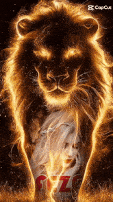a picture of a lion and a woman with the word gazz on the bottom right
