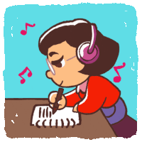 a cartoon drawing of a woman wearing headphones writing on a piece of paper