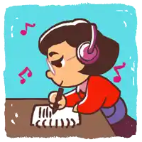 a cartoon drawing of a woman wearing headphones writing on a piece of paper