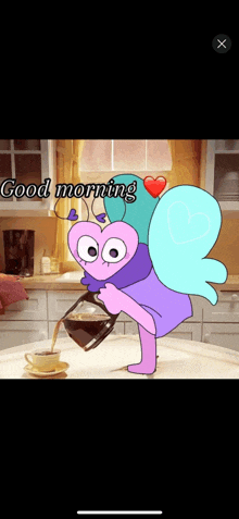 a cartoon character is pouring coffee into a cup with the words good morning