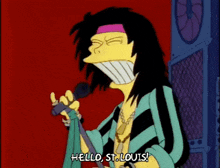 a cartoon character is singing into a microphone and says hello st. louis