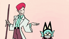 a man in a lab coat is standing next to a cat .