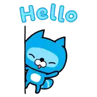 a blue cat is peeking out from behind a wall with the word hello written above it