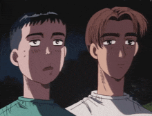 two anime characters are standing next to each other and one has a shadow on his face