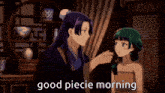 a woman with green hair is being kissed by a man with the words good piece morning written on the bottom