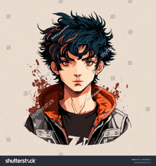 a young boy with red eyes and black hair is wearing a leather jacket and a black shirt .