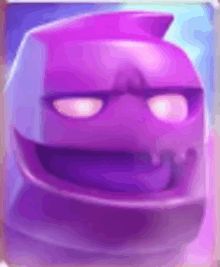 a purple robot with glowing eyes and teeth is smiling .
