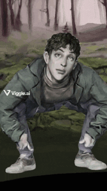 a man in a green jacket is squatting down with a viggle.ai watermark