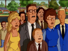 a group of people are standing in a line with their mouths open