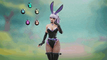 a woman with bunny ears and a choker is holding a ball