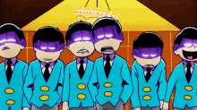 a group of cartoon characters wearing blue jackets and ties