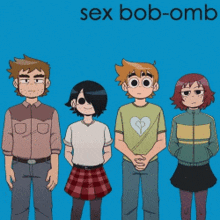 a group of cartoon characters standing next to each other on a blue background with the words sex bob-omb