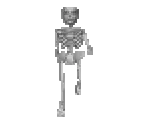 a pixel art skeleton is walking in a black and white image .