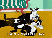 a cartoon of a skunk and a cat playing with each other and the words `` happy valenti day '' .