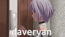 a girl with purple hair is pressing a button and the word daveryan is above her