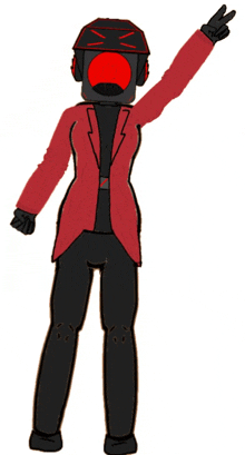 a cartoon character wearing a red jacket and black pants is giving a peace sign