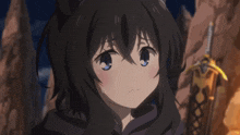 a girl with black hair and blue eyes is looking at the camera with a sword in the background