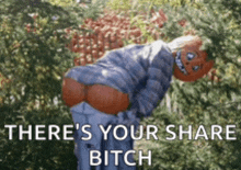 a picture of a scarecrow with a pumpkin on his head and the words there 's your share bitch
