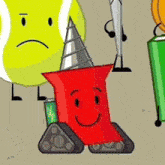 a group of cartoon characters standing next to each other including a red cone with a face .