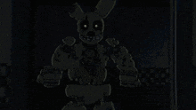 a drawing of a robot in a dark room with a blue container in the background