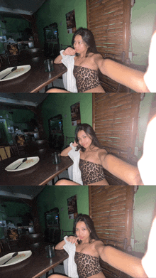a woman in a leopard print top takes a selfie
