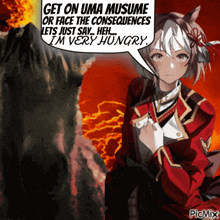 a picture of a girl with a speech bubble saying get on uma musume or face the consequences