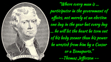 a portrait of thomas jefferson with a quote behind him