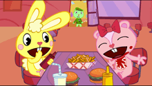 two cartoon characters are sitting at a table with hamburgers and fries