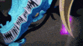 a cartoon drawing of a blue dragon with a purple light behind it