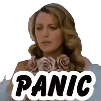 a woman with a necklace of roses has panic written on her face