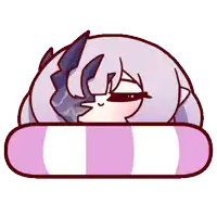 a cartoon drawing of a girl laying on a purple and white striped blanket