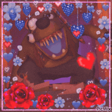 a picture of a teddy bear surrounded by hearts and roses with the words picmix at the bottom