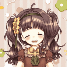 a little girl with pigtails and a flower in her hair