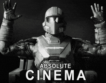 a black and white poster for absolute cinema with a robot