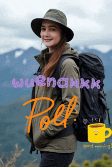 a woman wearing a hat and carrying a backpack with the word pol written on it