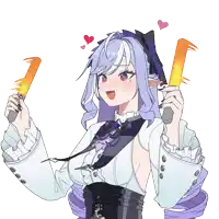 a girl with purple hair and red eyes is holding a torch