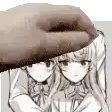 a close up of a person 's hand holding a donut over a picture of two anime girls .