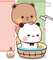 a cartoon of two panda bears taking a bath in a tub .