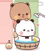 a cartoon of two panda bears taking a bath in a tub .