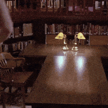 two lamps on a table in a library with books on the shelves