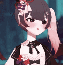 a close up of a girl with flowers in her hair and a bow