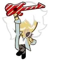 a cartoon character is holding a red and white guitar .