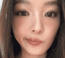 a close up of a woman 's face with a slight smile