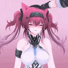 a girl with a cat ear headband is being touched by someone
