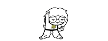 a black and white drawing of a cartoon character with glasses and a yellow ball on her shirt .