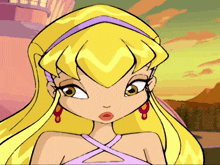 a cartoon girl with a purple headband and earrings