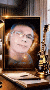 a portrait of a man with glasses and a guitar on a desk
