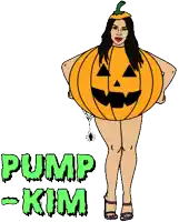 a cartoon of a woman dressed as a pumpkin with the words pump - kim below her